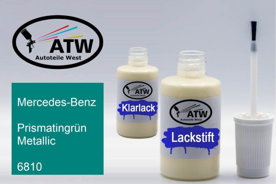 Mercedes-Benz, Prismatingrün Metallic, 6810: 20ml Lackstift + 20ml Klarlack - Set, von ATW Autoteile West.